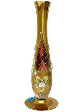 Vintage 1950s RTL Bohemia Enamel Gilded Glass Vase Hand Decorated Czechoslovakia